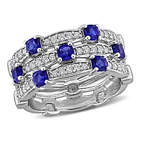 Julianna B Sterling Silver Created Blue Sapphire & Lab-Grown Diamond 3-Row Ring