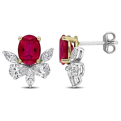 Julianna B 18K Two-Tone Gold Created Ruby & Lab-Grown Diamond Cluster Earrings