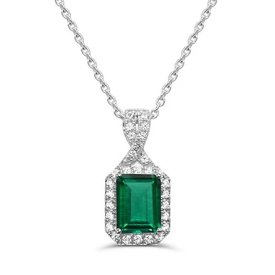 Sterling Silver Created Emerald & Created White Sapphire 18" Pendant