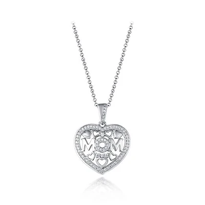 Sterling Silver Cubic Zirconia Mom Heart 19" Pendant