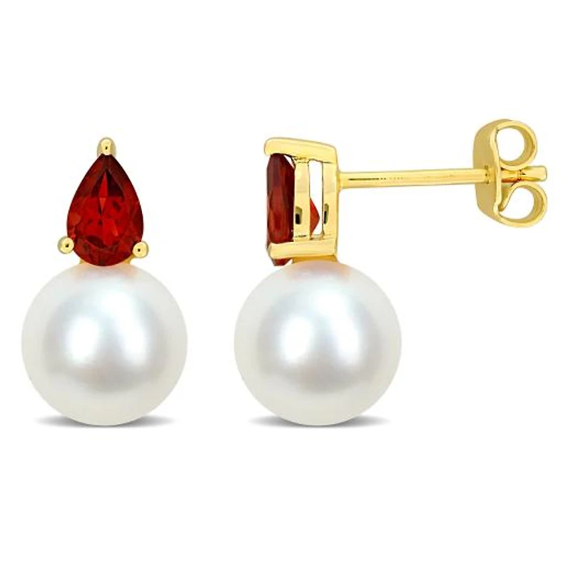 Julianna B Yellow Plated Sterling Silver Garnet & 8.5-9MM Pearl Earrings