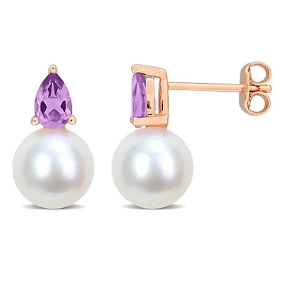 Julianna B Pink Plated Sterling Silver Amethyst & 8.5-9MM Pearl Earrings