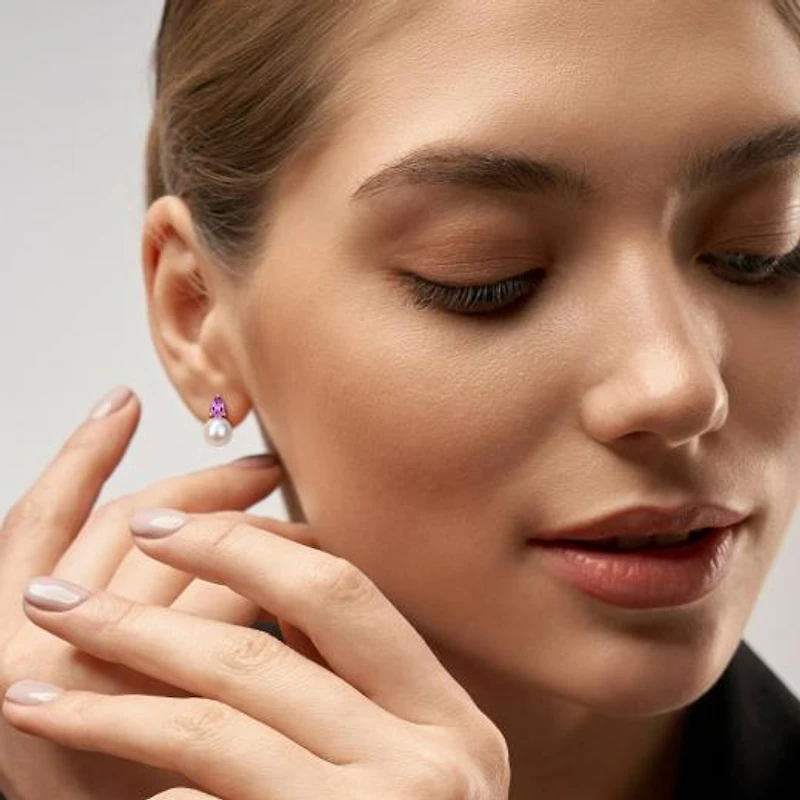 Julianna B Pink Plated Sterling Silver Amethyst & 8.5-9MM Pearl Earrings