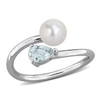 Julianna B Sterling Silver Aquamarine & 6-6.5mm Pearl Ring