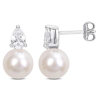 Julianna B Sterling Silver Created Sapphire & 8.5-9MM Pearl Earrings