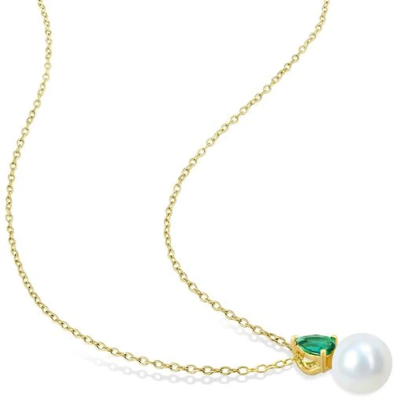 Julianna B Yellow Plated Sterling Silver Created Emerald & 8.5-9MM Pearl Pendant
