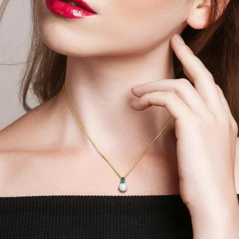 Julianna B Yellow Plated Sterling Silver Created Emerald & 8.5-9MM Pearl Pendant