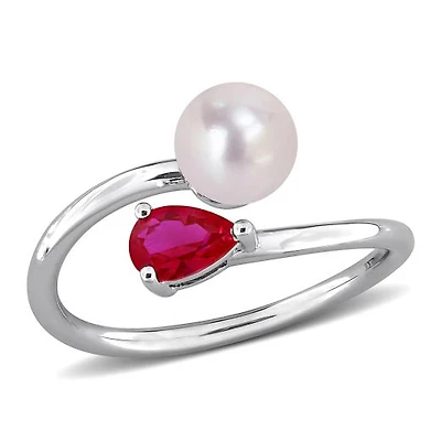 Julianna B Sterling Silver Created Ruby & 6-6.5mm Pearl Ring