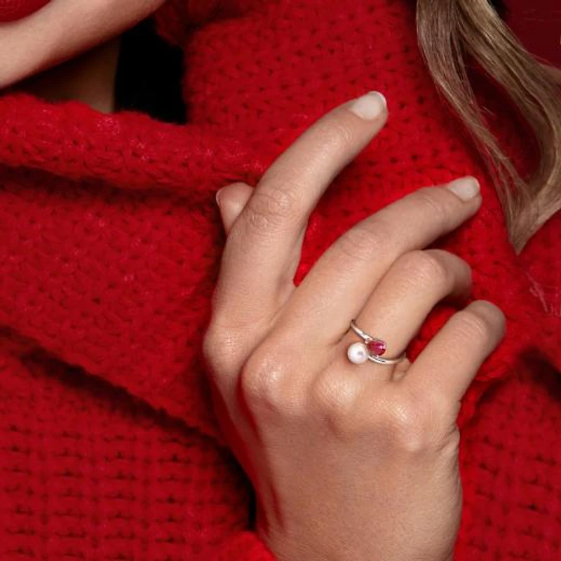Julianna B Sterling Silver Created Ruby & 6-6.5mm Pearl Ring
