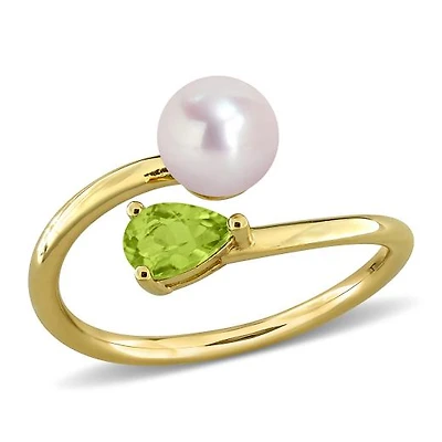 Julianna B Yellow Plated Sterling Silver Peridot & 6-6.5mm Pearl Ring