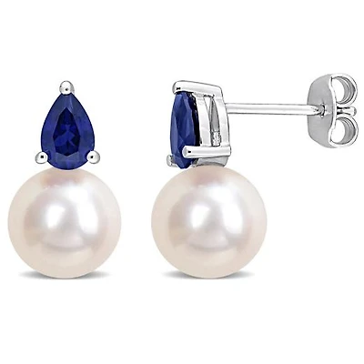 Julianna B Sterling Silver Created Blue Sapphire & 8.5-9MM Pearl Earrings