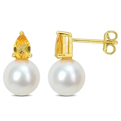 Julianna B Yellow Plated Sterling Silver Citrine 8.5-9MM Pearl Earrings