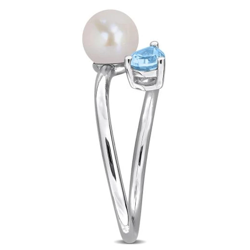 Julianna B Sterling Silver Blue Topaz & 6-6.5mm Pearl Ring