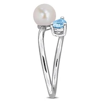Julianna B Sterling Silver Blue Topaz & 6-6.5mm Pearl Ring