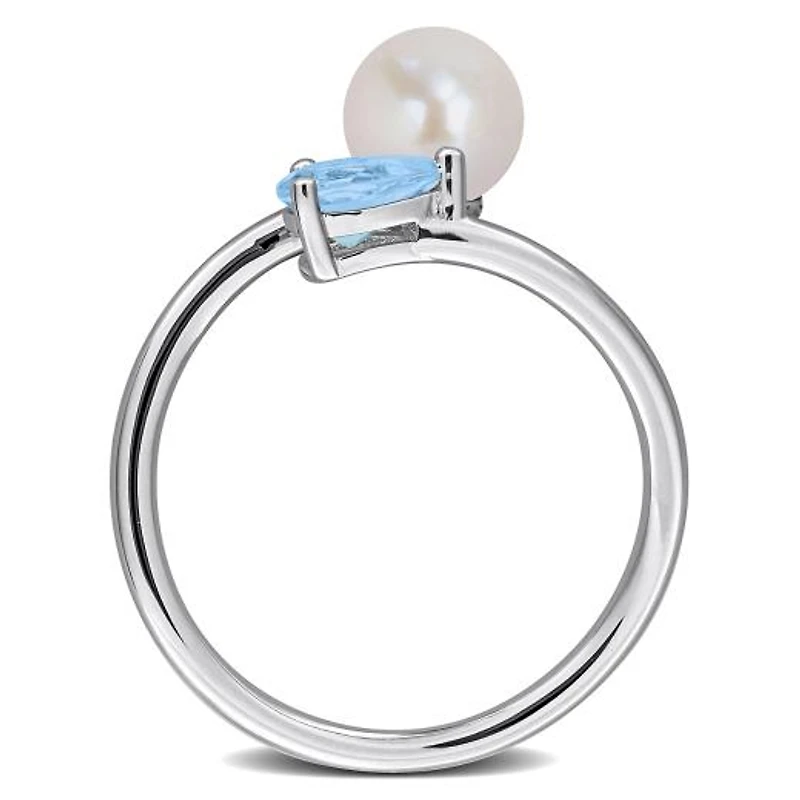 Julianna B Sterling Silver Blue Topaz & 6-6.5mm Pearl Ring