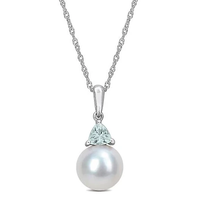 Julianna B 10K White Gold Aquamarine & 8-8.5MM Pearl Pendant