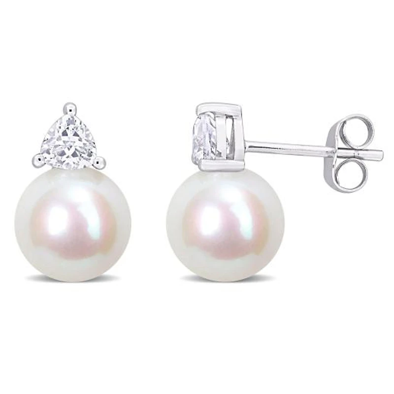 Julianna B 10K White Gold Created White Sapphire & 8-8.5MM Pearl Earrings