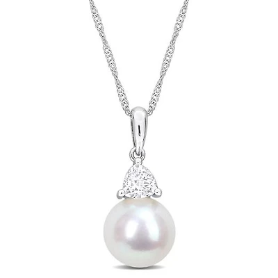 Julianna B 10K White Gold Created White Sapphire & 8-8.5MM Pearl Pendant