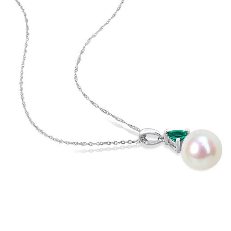 Julianna B 10K White Gold Created Emerald & 8-8.5MM Pearl Pendant