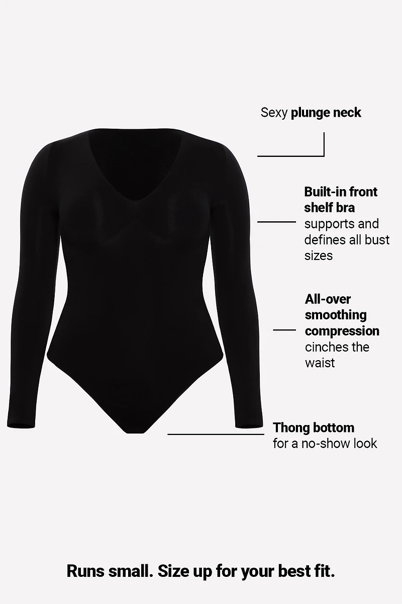 Nearly Naked Shapewear Plunge Long Sleeve Bodysuit