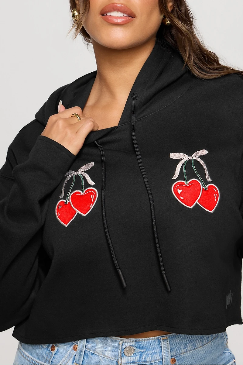 Cozy Fleece Cherry Cropped Hoodie