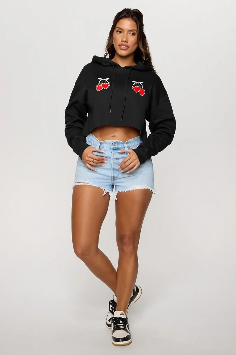 Cozy Fleece Cherry Cropped Hoodie