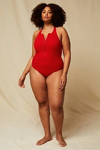 High Tide Zip-Front Rib One-Piece Swimsuit