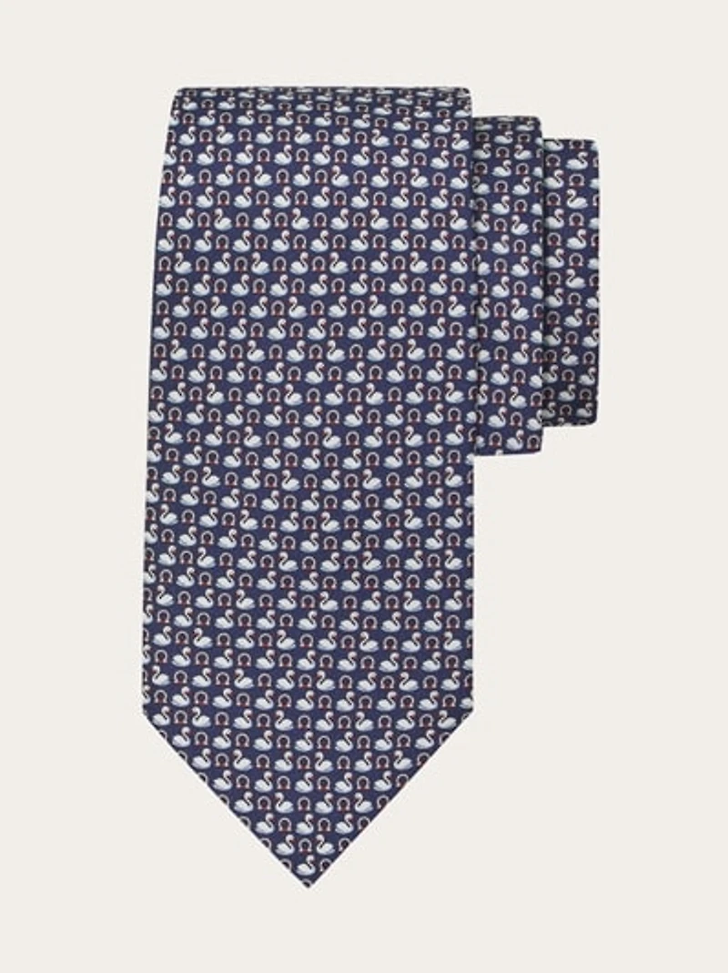Swan print silk tie