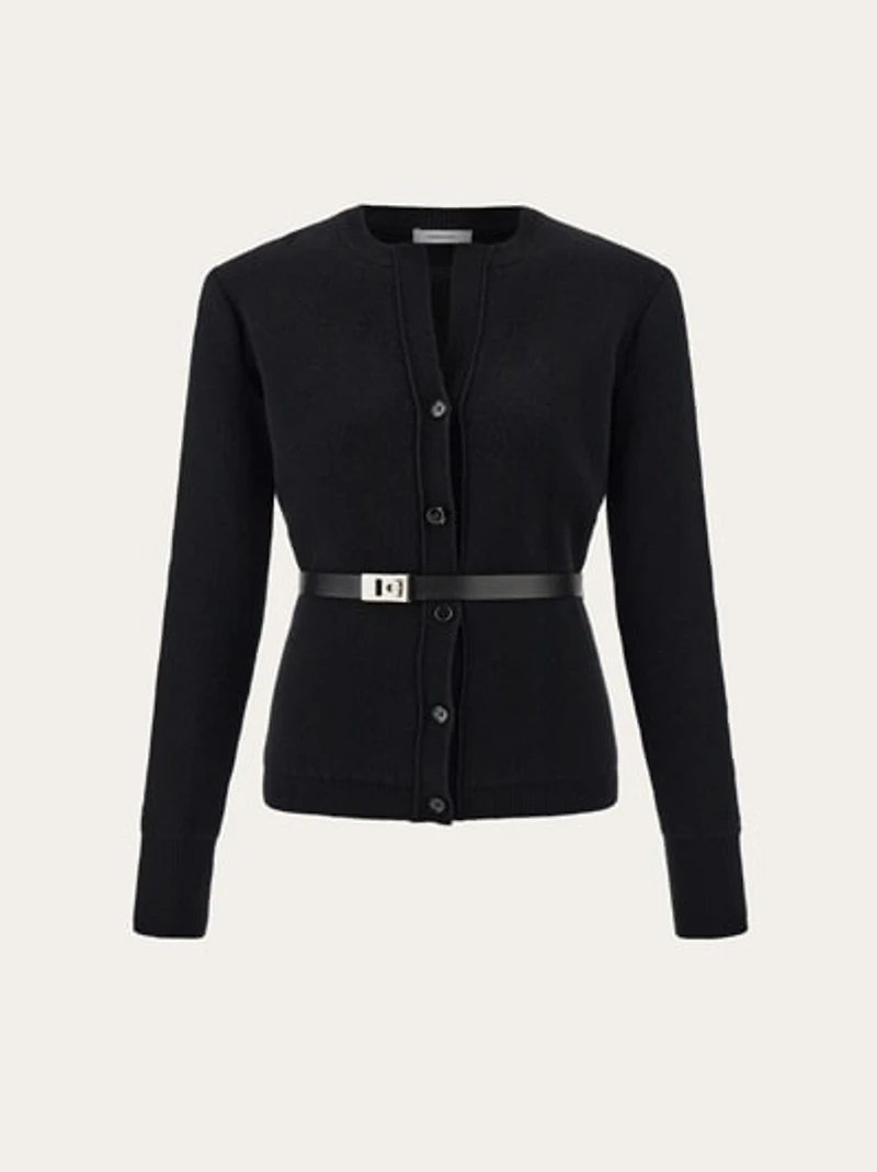 Pure wool cardigan with leather belt
