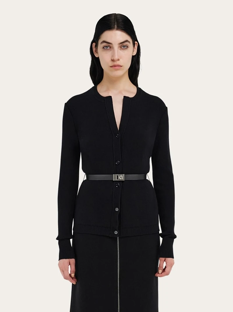 Pure wool cardigan with leather belt