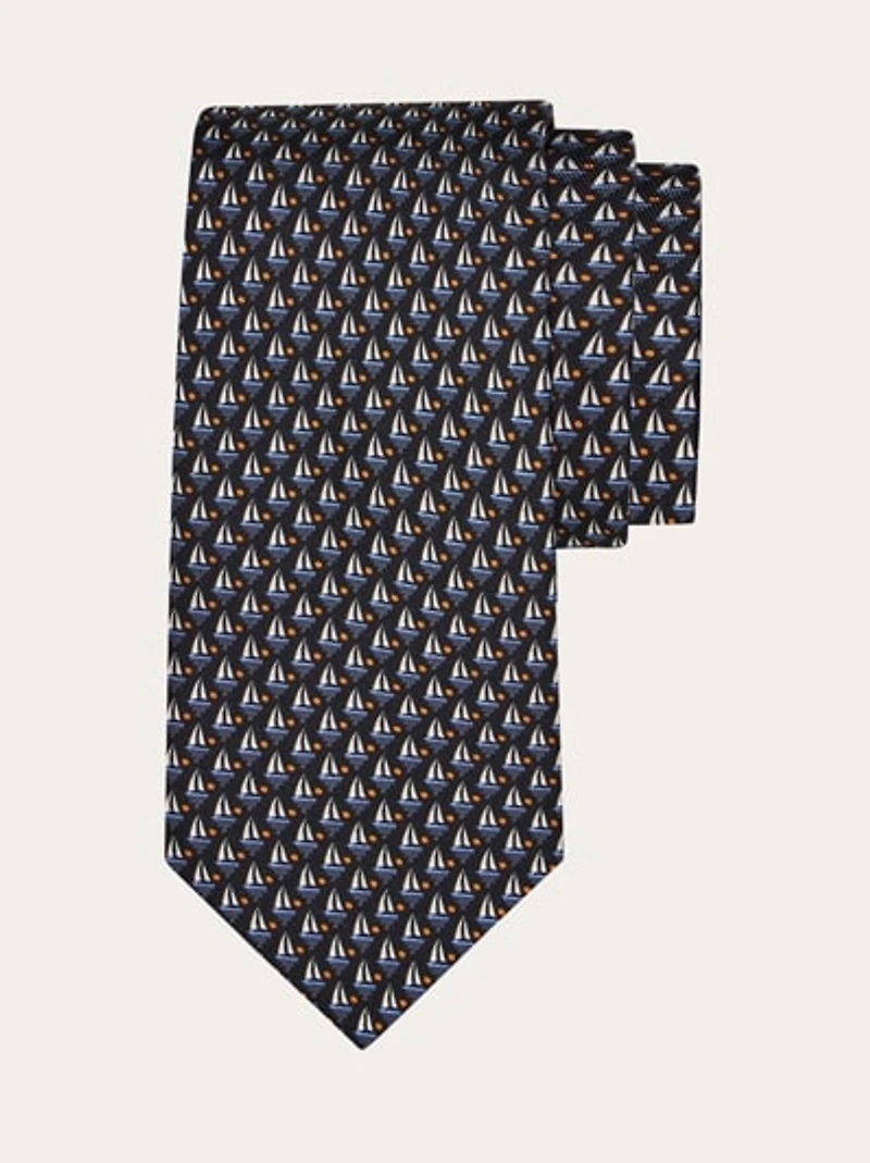 Sailing boat print silk tie