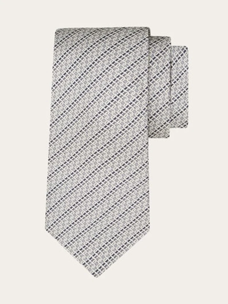 Printed silk tie with interlocking Gancini and regimental stripes