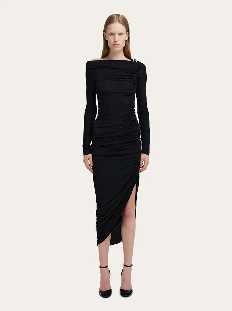 Boat neck dress with ruched detail