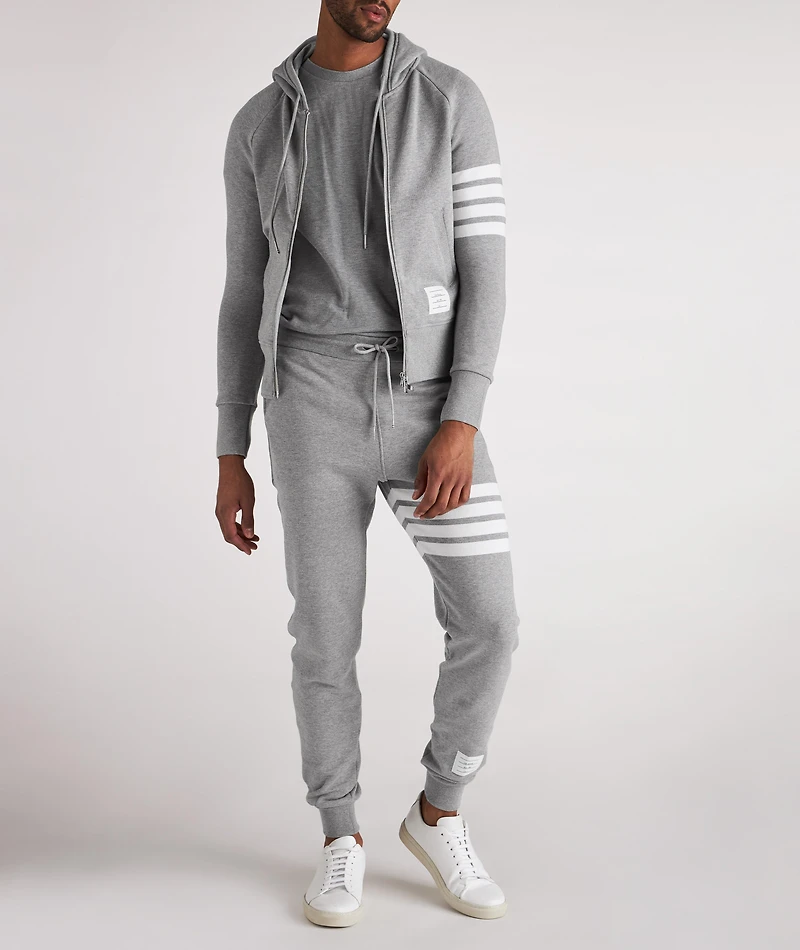 Four-Bar Stripe Zip-Up Cotton Hooded Sweater