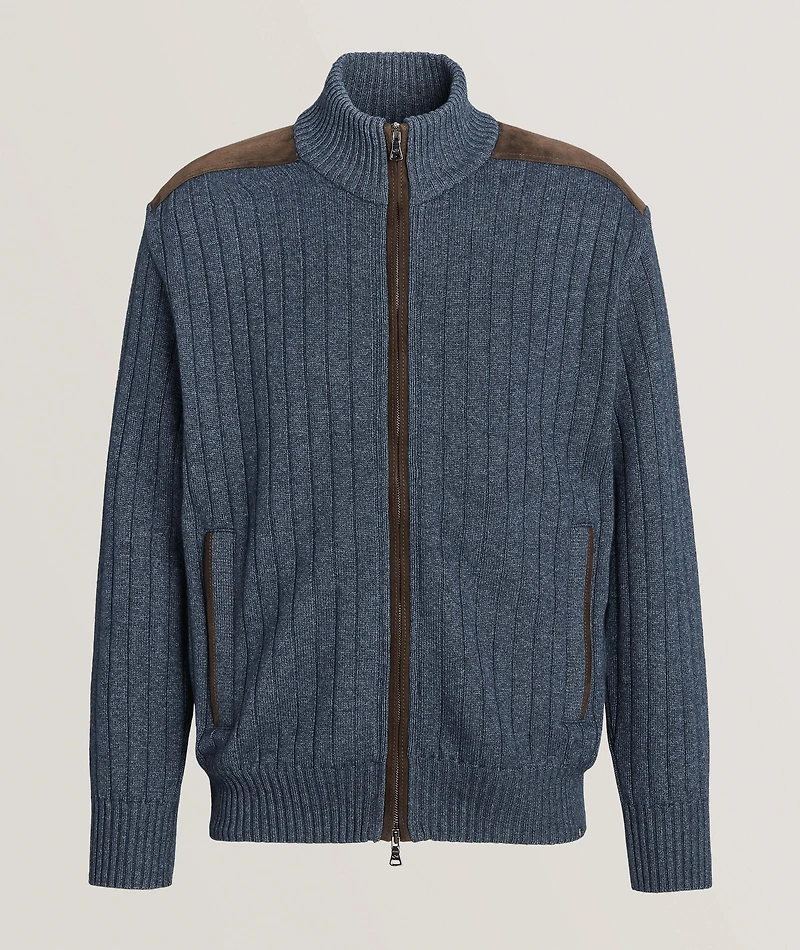 Ribbed Wool-Blend Suede-Trim Sweater