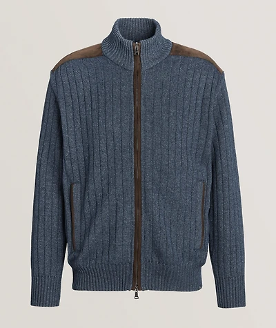 Ribbed Wool-Blend Suede-Trim Sweater