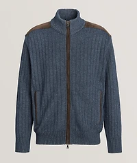 Ribbed Wool-Blend Suede-Trim Sweater