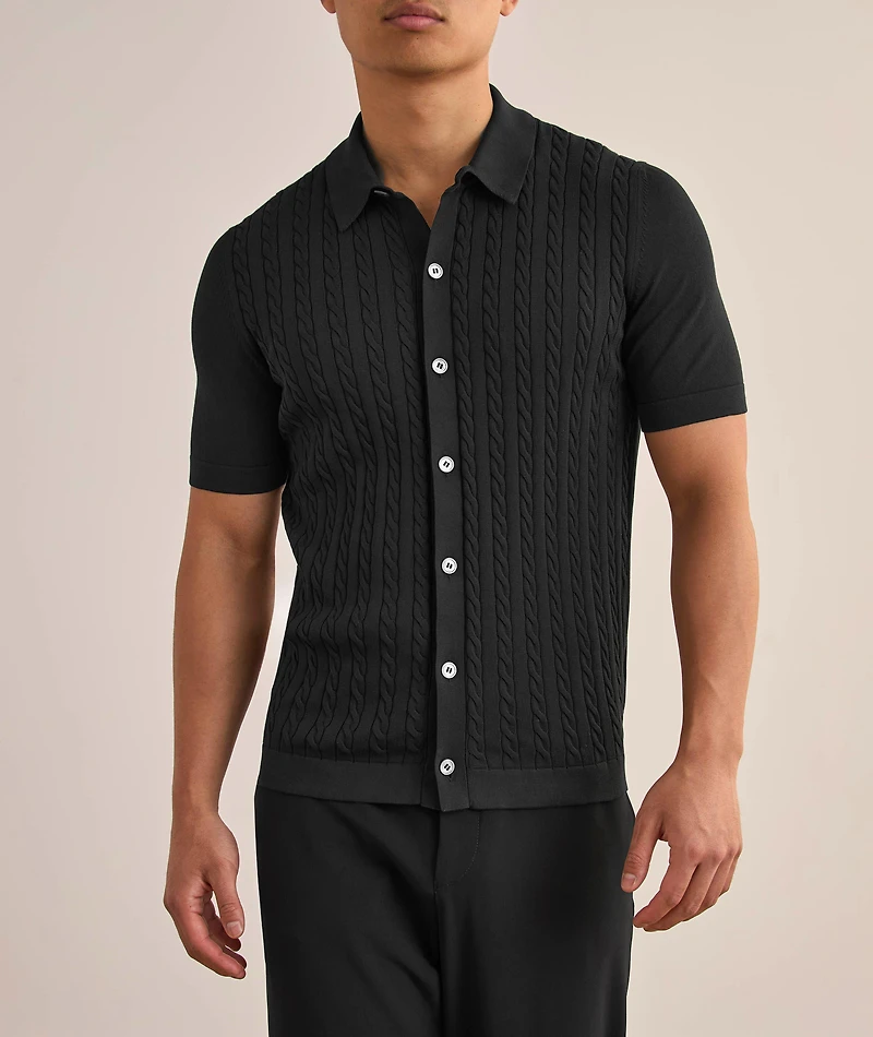 Cable Knit Full-Button Polo Shirt