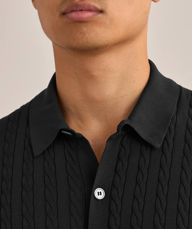 Cable Knit Full-Button Polo Shirt