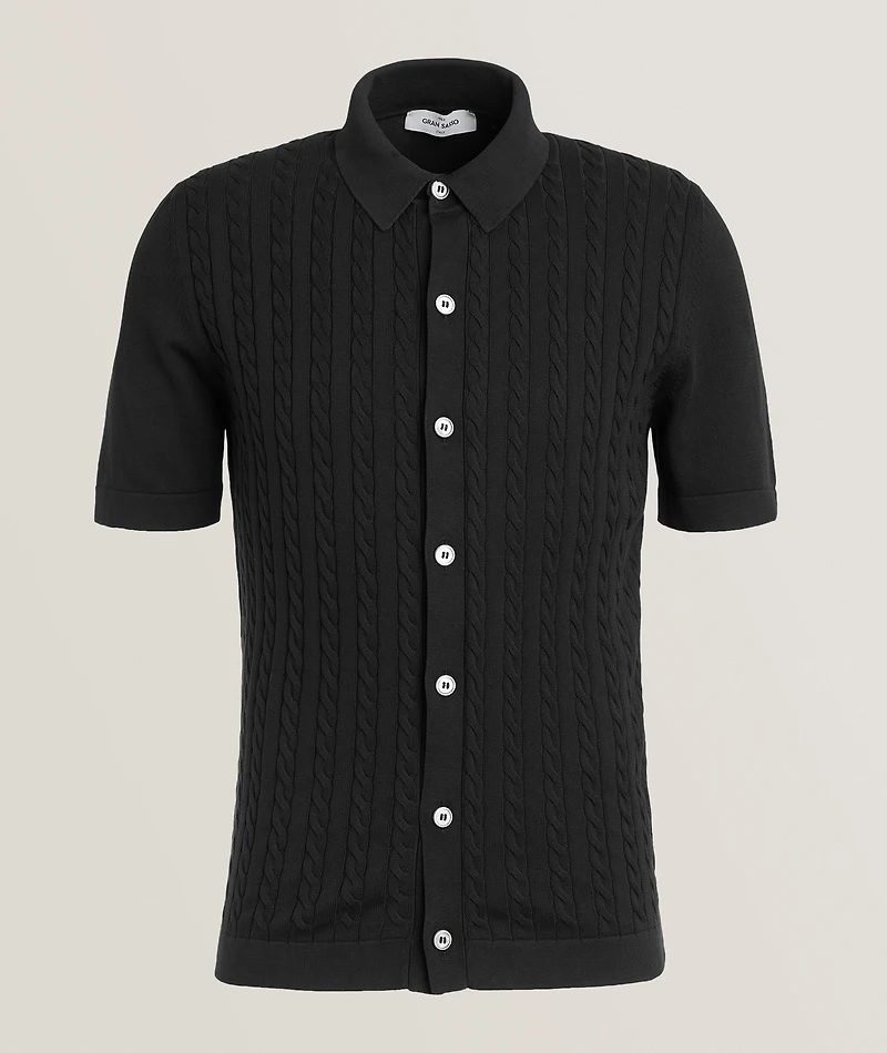 Cable Knit Full-Button Polo Shirt
