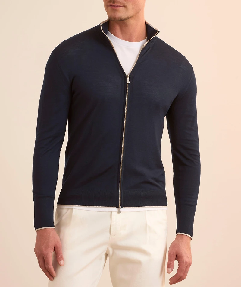 Wool Contrast Piping Zipper Cardigan