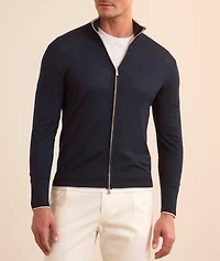 Wool Contrast Piping Zipper Cardigan