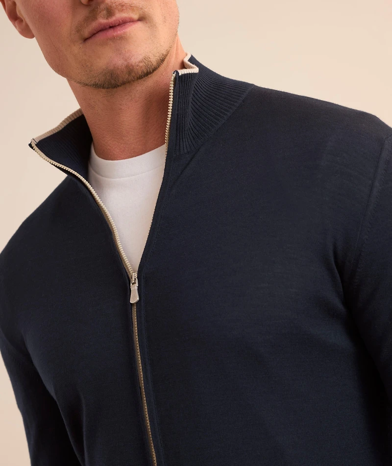 Wool Contrast Piping Zipper Cardigan