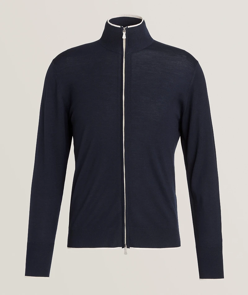 Wool Contrast Piping Zipper Cardigan
