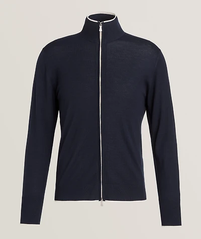 Wool Contrast Piping Zipper Cardigan