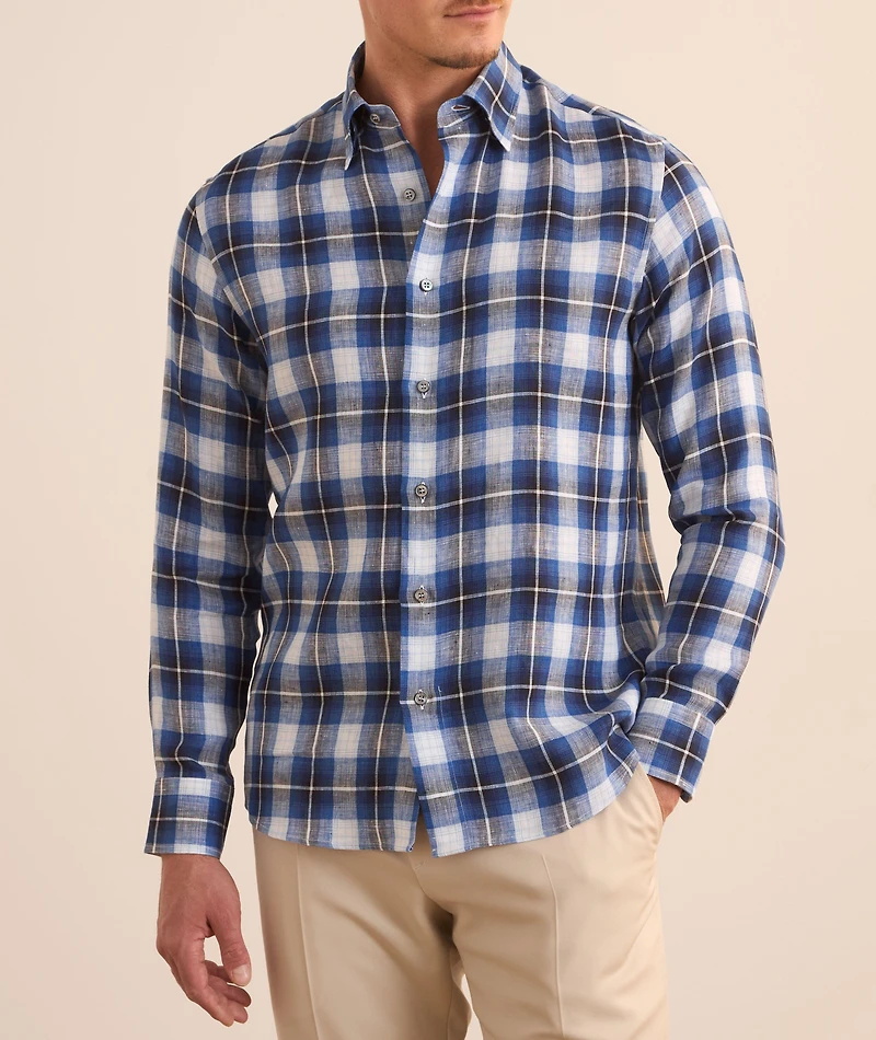 Hidden Button-Down Check Linen Shirt