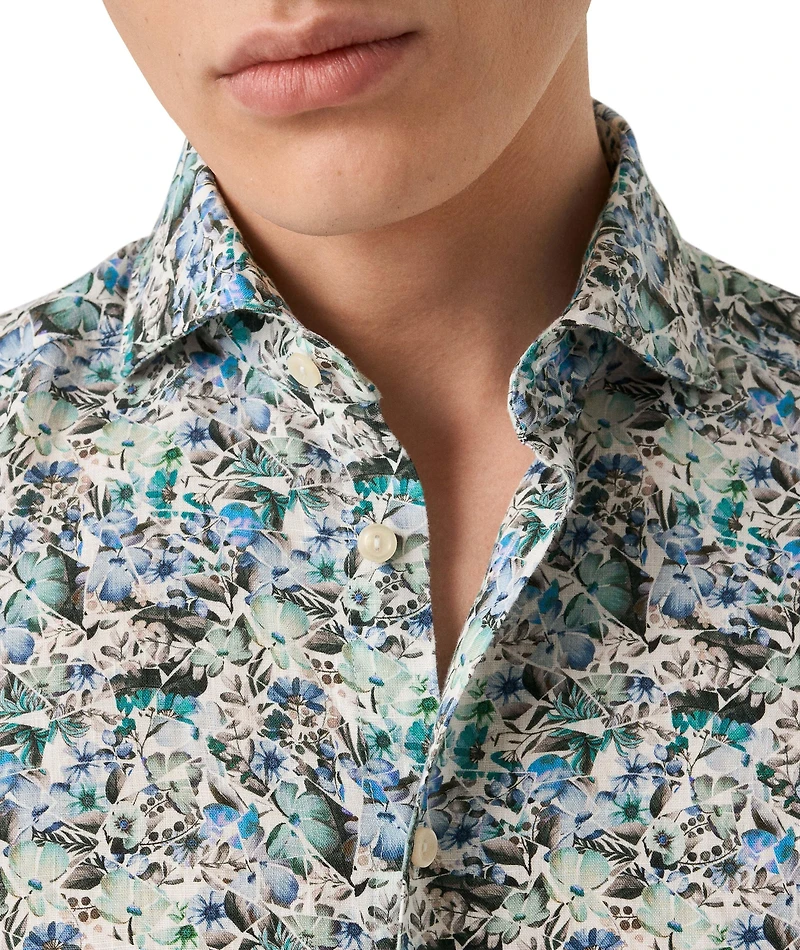 Slim-Fit Floral Print Linen Shirt
