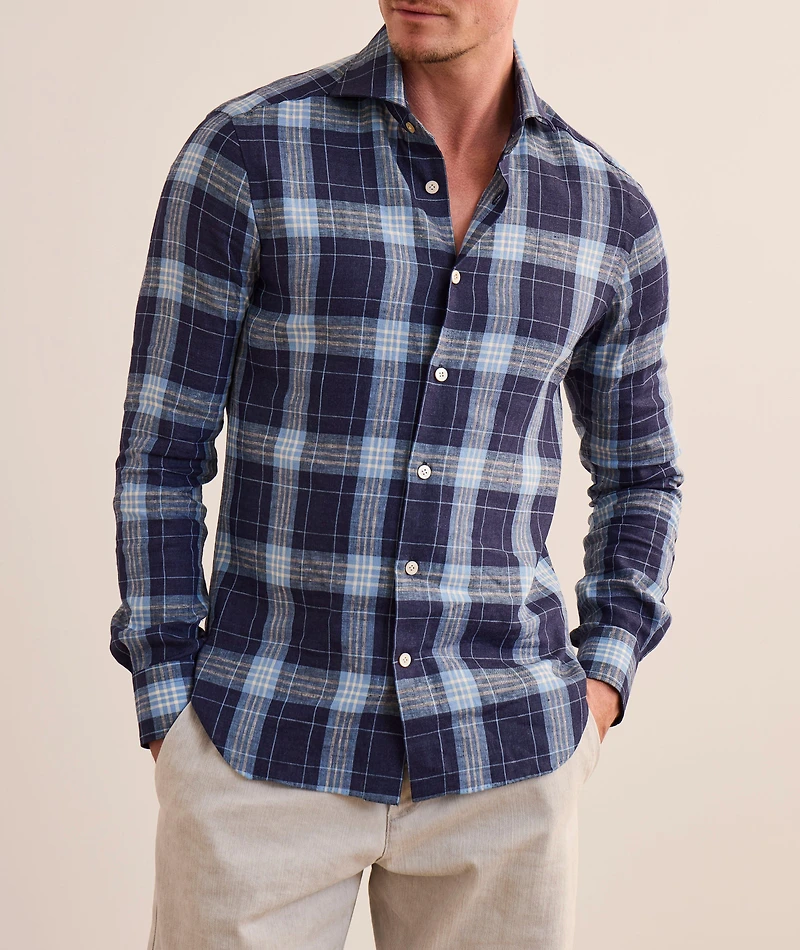 Plaid Stretch-Linen Shirt