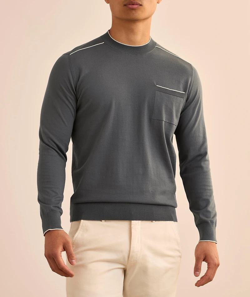 Striped Trim Cotton Crewneck Sweater