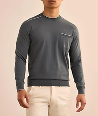 Striped Trim Cotton Crewneck Sweater